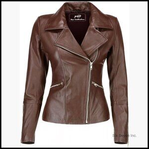 Real Lambskin Leather Motorcycle Jacket with Asymmetrical Zip-Up